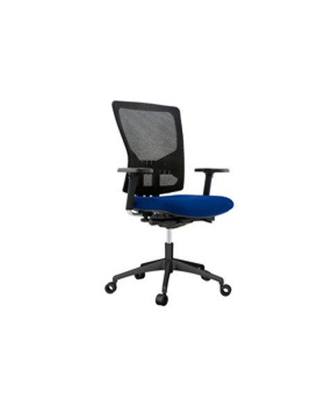 Silla rocada de oficina con brazos tapizada en tela ingnifuga y respaldo en polimero color azul