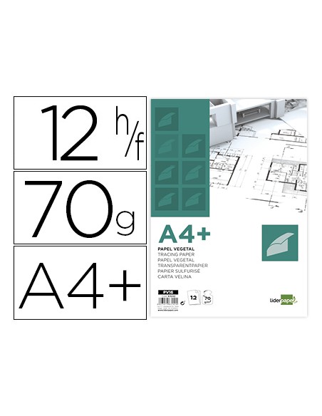 Papel dibujo liderpapel a4+ 320x240mm 70g/m2 vegetal sobre de 12 hojas