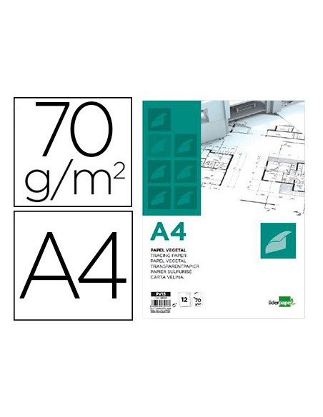 Papel vegetal liderpapel a4 70gr 210x297mm sobre de 12 hojas