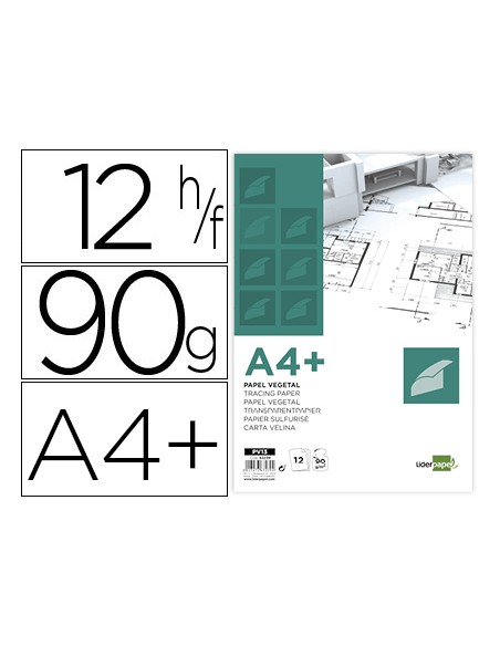 Papel vegetal liderpapel a4+ 90 gr 240x320mm sobre de 12 hojas