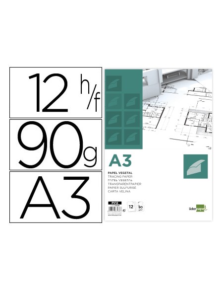 Papel vegetal liderpapel a3 90gr 297x420mm sobre de 12 hojas