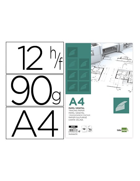 Papel vegetal liderpapel a4 90gr 210x297mm sobre de 12 hojas
