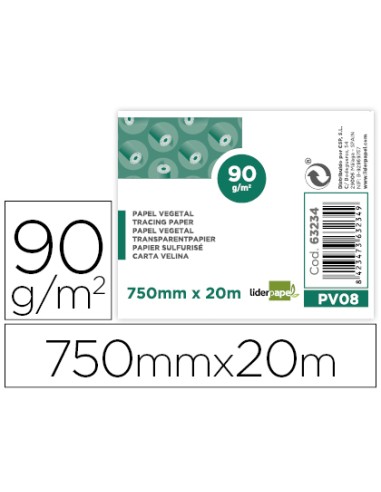 Papel vegetal liderpapel 750mmx20m 90gr rollo...