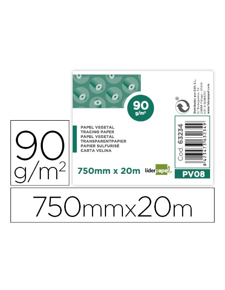 Papel vegetal liderpapel 750mmx20m 90gr rollo rollo