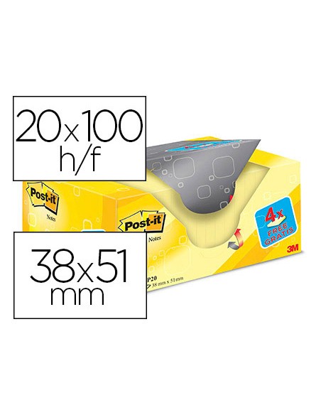 Bloc de notas adhesivas quita y pon post-it amarillo canario 38x51 mm pack promocional 16+4 gratis