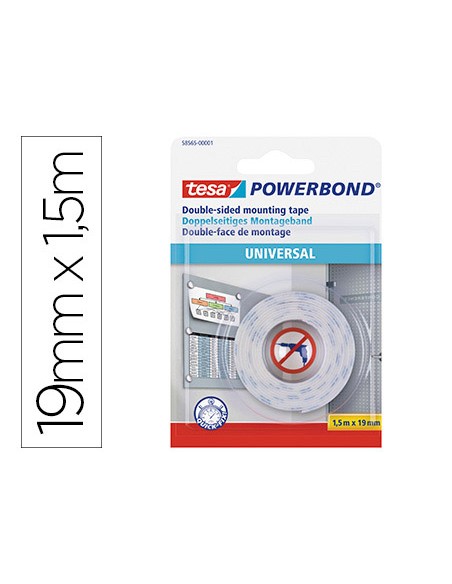 Cinta adhesiva tesa doble cara powerbond universal uso interior 1,5 m x 19 mm