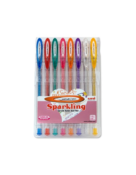 Boligrafo uni ball um-120 signo 1 mm tinta gel estuche de 8 colores con purpurina