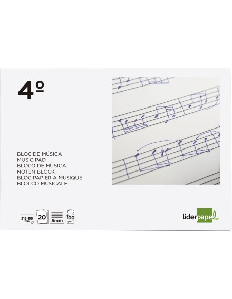 Bloc musica liderpapel pentagrama 5mm cuarto 20 hojas 100g/m2 grapado