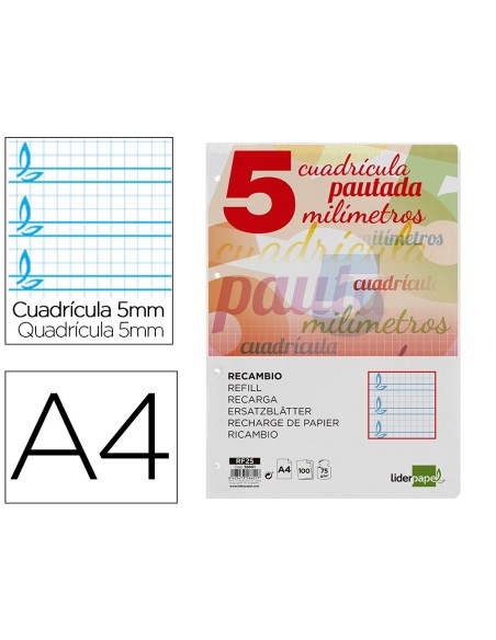 Recambio liderpapel a4 pautaguia 100 hojas 75gr cuadriculado pautado 5mm con margen 4 taladros