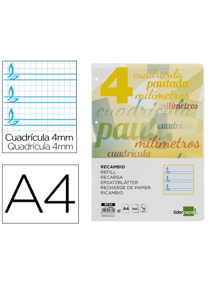 Recambio liderpapel a4 pautaguia 100 hojas 75gr cuadriculado pautado 4mm con margen 4 taladros