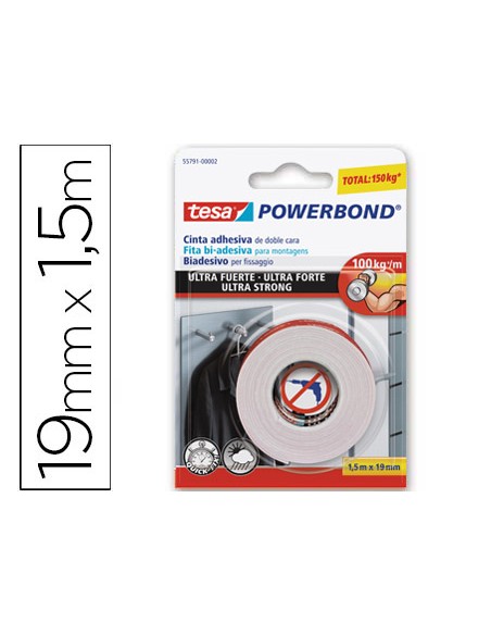 Cinta adhesiva tesa doble cara ultra strong extrafuerte para interior y exterior 1,5m x19mm