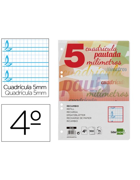 Recambio liderpapel cuarto pautaguia 100 hojas 75gr cuadriculado pautado 5 mm con margen 6 taladros