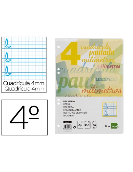 Recambio liderpapel a5 pautaguia 100 hojas 75gr cuadriculado pautado 4mm con margen 6 taladros