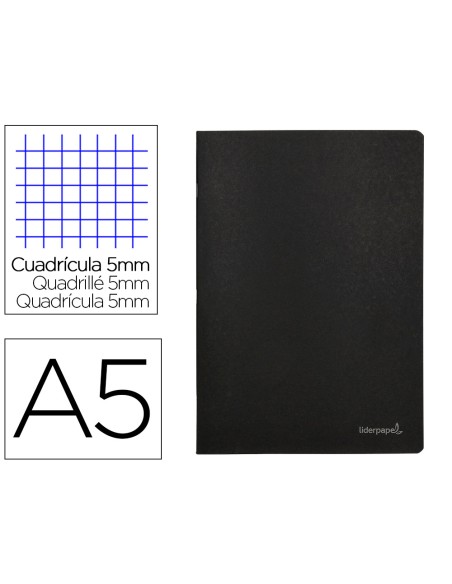 Libreta liderpapel tapa negra a5 80 hojas 60gr cuadro 5mm con doble margen
