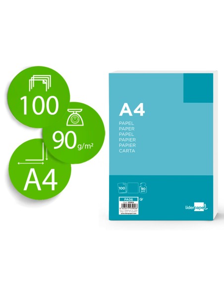 Papel liderpapel a4 90g/m2 liso paquete de 100 hojas