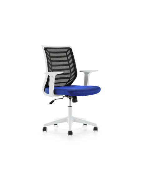 Silla rocada de oficina brazos regulables estructura blanca respaldo malla y asiento tela ignifuga negro