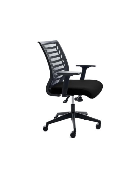 Silla rocada de oficina brazos regulables estructura blanca respaldo malla y asiento tela ignifuga azul