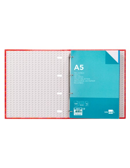 Carpeta con recambio liderpapel a5 cuadro 5mm forrada 4 anillas 20mm colores surtidos