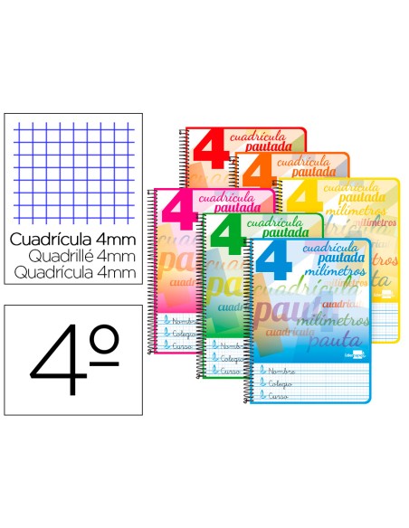 Cuaderno espiral liderpapel cuarto pautaguia tapa blanda 40h 75gr cuadro pautado 4mm c olores surtidos