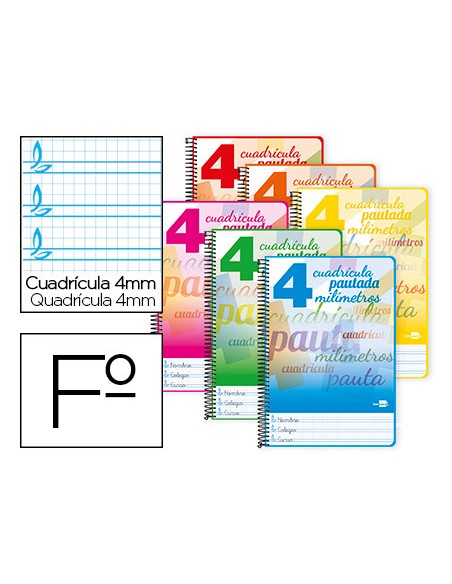 Cuaderno espiral liderpapel folio pautaguia tapa blanda 80h 75gr cuadro pautado 4mm co lores surtidos