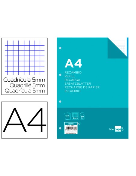 Recambio liderpapel a4 120 hojas 80gr cuadro 5mm sin margen 4 taladros bandas de 5 colores
