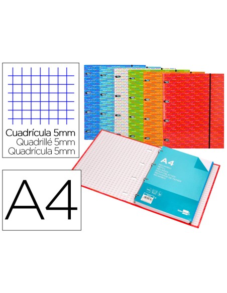 Carpeta con recambio liderpapel a4 cuadro 5mm forrada 4 anillas 20mm colores surtidos