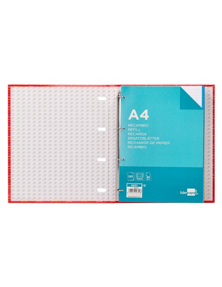 Carpeta con recambio liderpapel a4 cuadro 5mm forrada 4 anillas 20mm colores surtidos