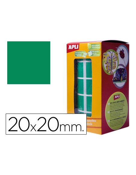 Gomets autoadhesivos cuadrados 20x20 mm verde rollo de 1770 unidades