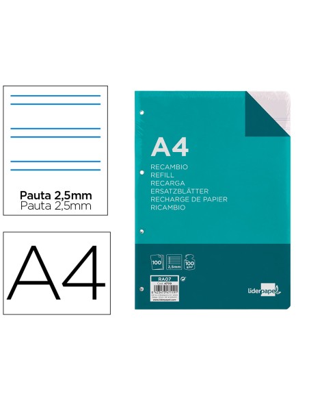 Recambio liderpapel a4 100 hojas 100gr pauta 5ª 2.5mm con margen 4 taladros
