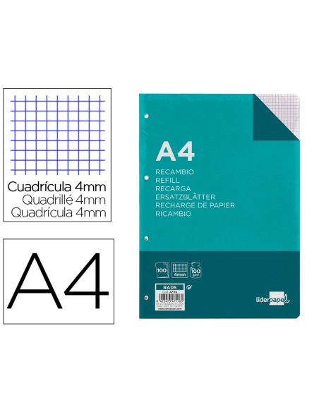 Recambio liderpapel a4 100 hojas 100gr cuadro 4mm con m argen 4 taladros