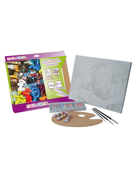 Set pintura al oleo liderpapel contiene 1 lienzo imprimacion 30x40cm 1 paleta madera 3 brochas tubos 12x12ml oleo