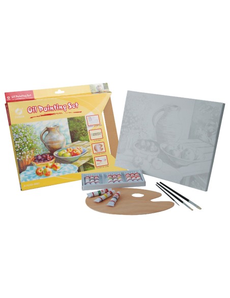 Set pintura al oleo liderpapel contiene 1 lienzo imprimacion 30x40cm 1 paleta madera 3 brochas tubos 12x12ml oleo