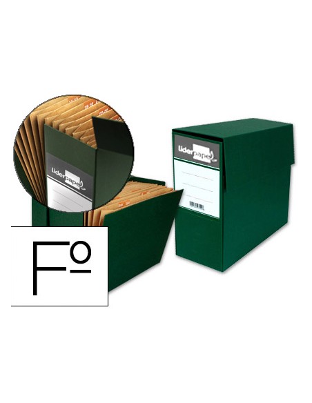 Caja transferencia liderpapel folio con fuelle lomo 110 mm color verde 380x110x260 mm
