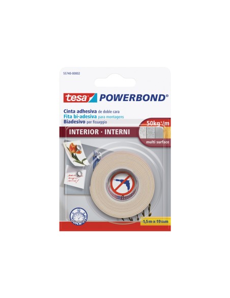 Cinta adhesiva doble cara tesa para interiores 1,5 m x 19 mm