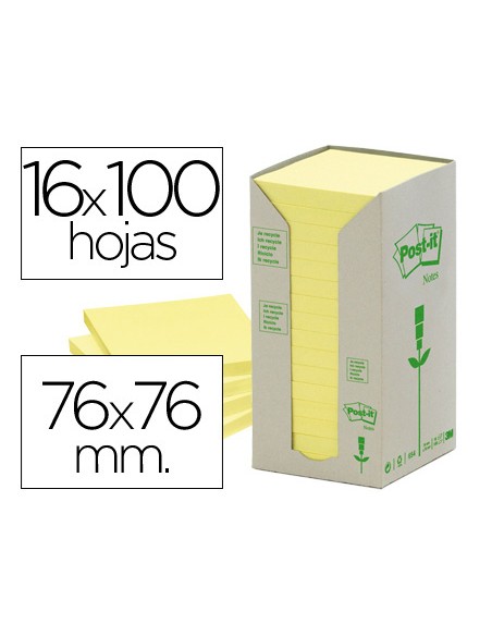 Bloc de notas adhesivas quita y pon reciclada en torre post-it 76 x 76 mm 16 blocs 654 reciclado