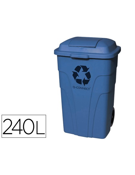Papelera contenedor q-connect plastico con tapadera 240l color azul 1040x620x610 mm con ruedas