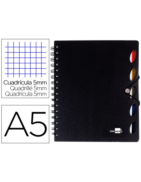 Cuaderno espiral liderpapel a5 micro executive tapa plastico 100h 80gr cuadro 5mm 5 se paradores con gomilla negro