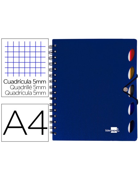 Cuaderno espiral liderpapel a4 micro executive tapa plastico 100h 80gr cuadro 5mm 5 sep aradores con gomilla azul