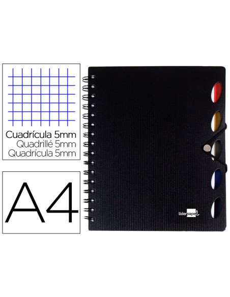 Cuaderno espiral liderpapel a4 micro executive tapa plastico 100h 80gr cuadro 5mm 5 sep aradores con gomilla negro