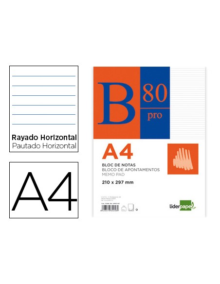 Bloc notas liderpapel horizontal a4 80 hojas 60g/m2 encolado 4 taladros doble margen azul