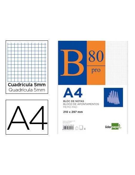 Bloc notas liderpapel cuadro 5mm a4 80 hojas 60g/m2 encolado 4 taladros doble margen