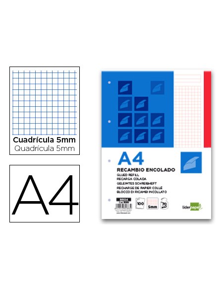 Bloc encolado liderpapel cuadro 5mm rojo a4 natural 100 hojas 70 g/m2