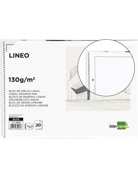 Bloc dibujo liderpapel lineal espiral 230x325mm 20 hojas 130gr/m2 con recuadro 2 taladros perforado