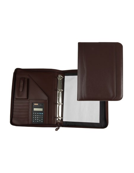 Carpeta portafolios q-connect cremallera 4 anillas 20 mm concalculadora con bolsa para movil color marron 260x355 mm