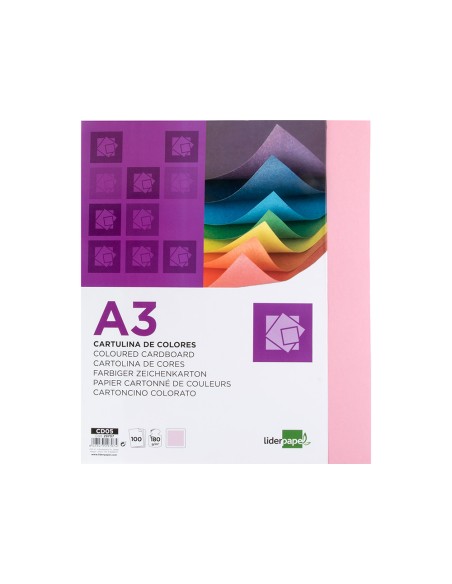 Cartulina liderpapel a3 180g/m2 rosa paquete de 100 hojas