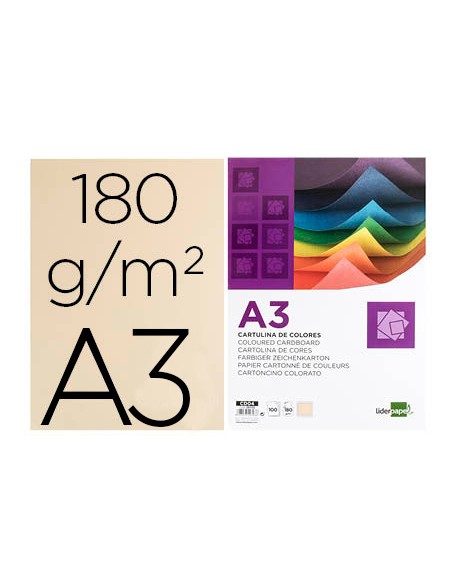Cartulina liderpapel a3 180g/m2 crema paquete de 100 hojas
