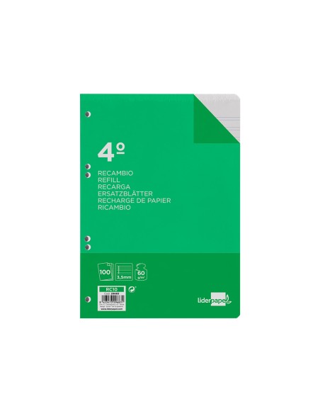 Recambio liderpapel cuarto 100 hojas 60gr pauta 4ª 3.5mm con margen 6 taladros