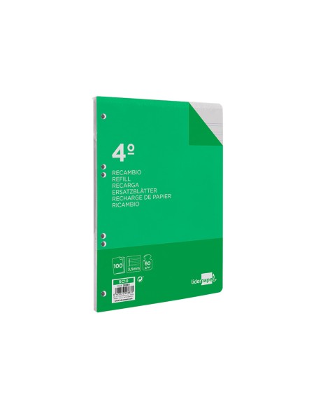 Recambio liderpapel cuarto 100 hojas 60gr pauta 4ª 3.5mm con margen 6 taladros