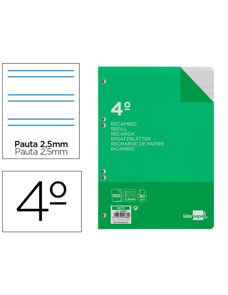 Recambio liderpapel cuarto 100 hojas 60g/m2 pauta 5ª 2.5mm con margen 6 taladros