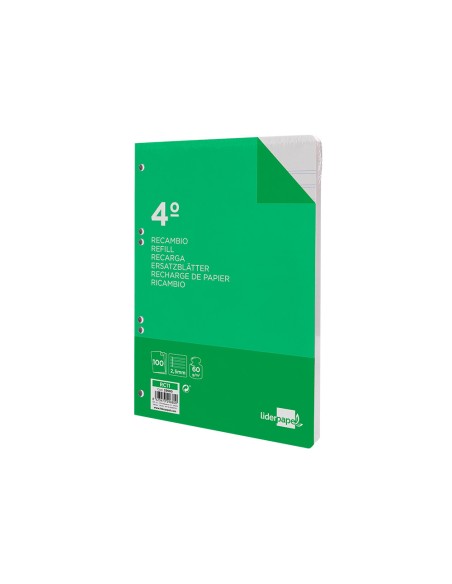 Recambio liderpapel cuarto 100 hojas 60g/m2 pauta 5ª 2.5mm con margen 6 taladros